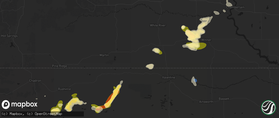 Hail map in Saint Francis, SD on July 6, 2026