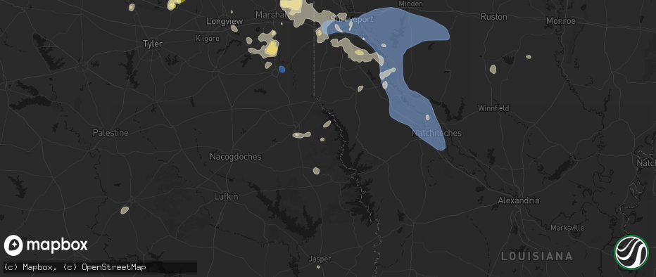 Hail map in Shelbyville, TX on July 6, 2026