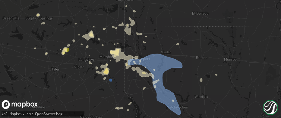 Hail map in Shreveport, LA on July 6, 2026