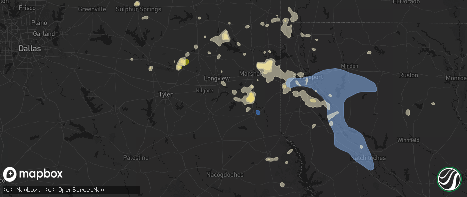 Hail map in Tatum, TX on July 6, 2026