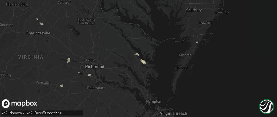 Hail map in Urbanna, VA on July 6, 2026
