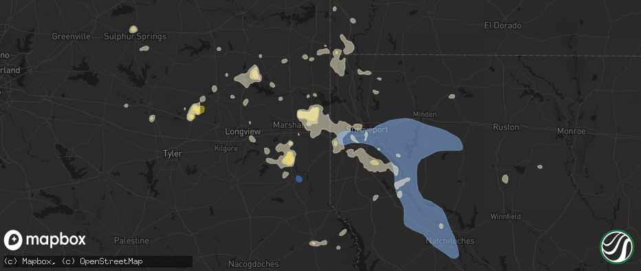 Hail map in Waskom, TX on July 6, 2026