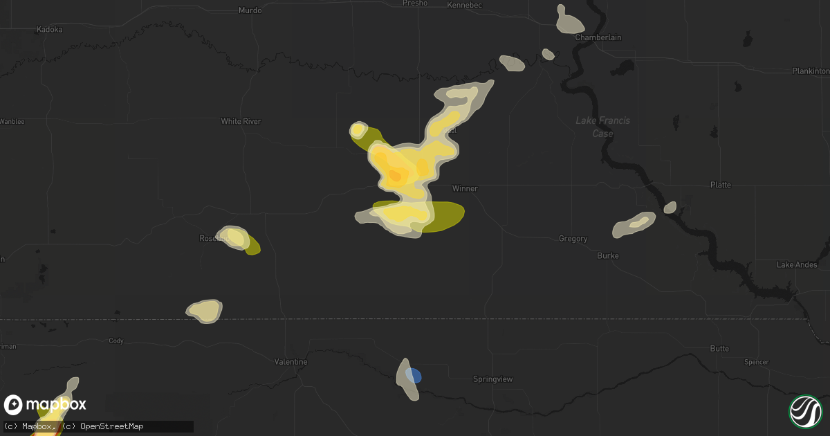 Hail map in Winner, SD on July 6, 2026
