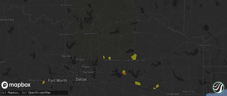 Hail map in Wolfe City, TX on July 6, 2026