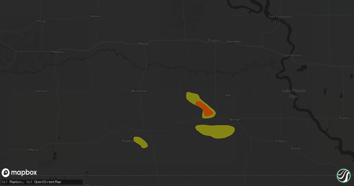 Hail map in Wood, SD on July 6, 2026