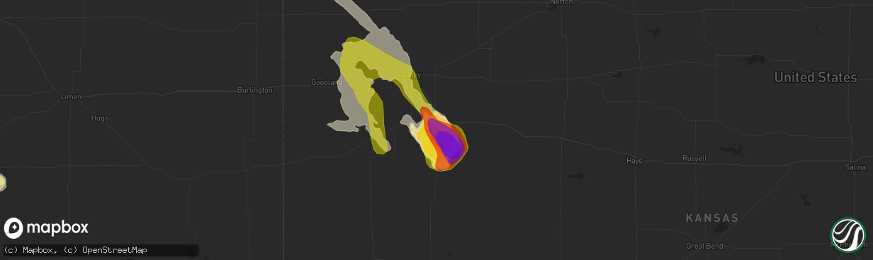 Hail map in Oakley, KS on July 7, 2016