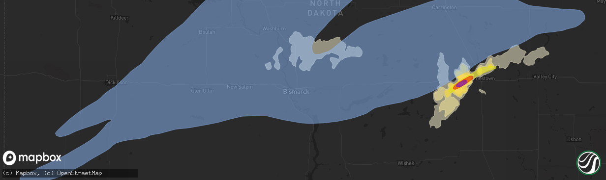 Hail map in Bismarck, ND on July 7, 2020