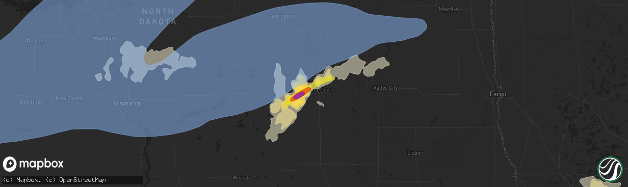 Hail map in Jamestown, ND on July 7, 2020