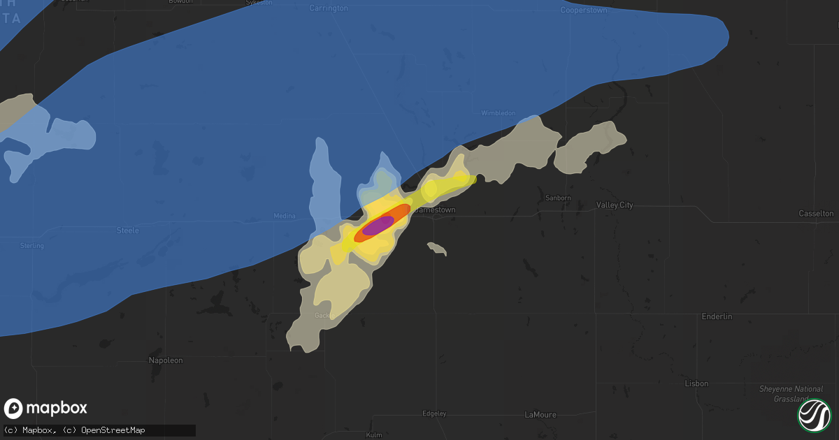 Hail map in Jamestown, ND on July 7, 2020