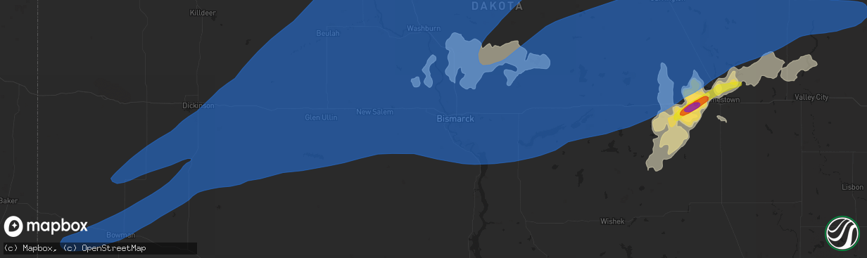 Hail map in Mandan, ND on July 7, 2020