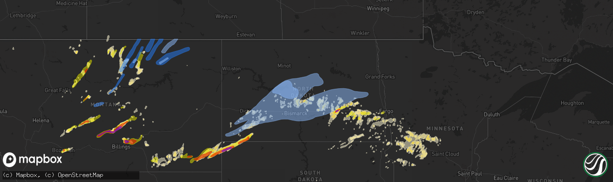 Hail map in North Dakota on July 7, 2020