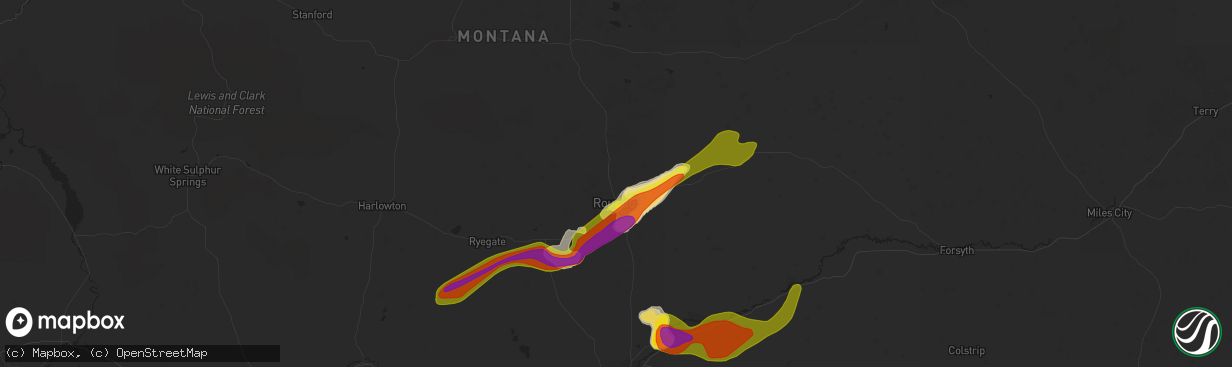 Hail map in Roundup, MT on July 7, 2020