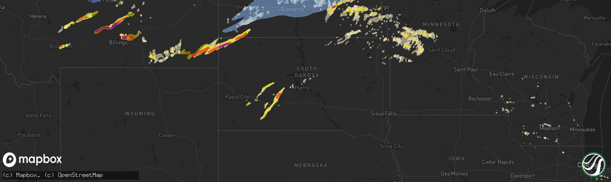 Hail map in South Dakota on July 7, 2020