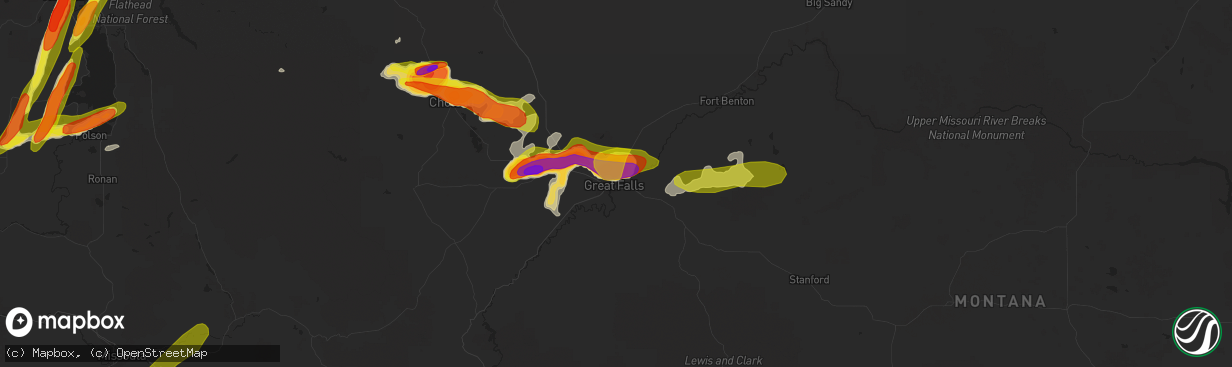 Hail map in Great Falls, MT on July 7, 2022