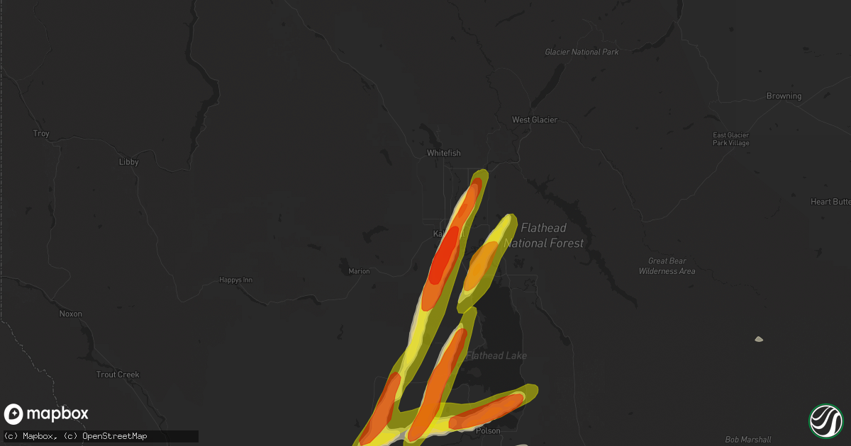 Hail map in Kalispell, MT on July 7, 2022
