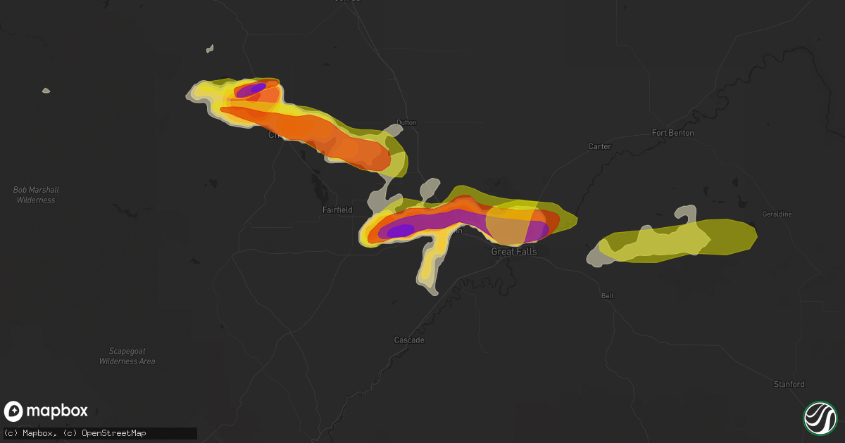Hail map in Vaughn, MT on July 7, 2022