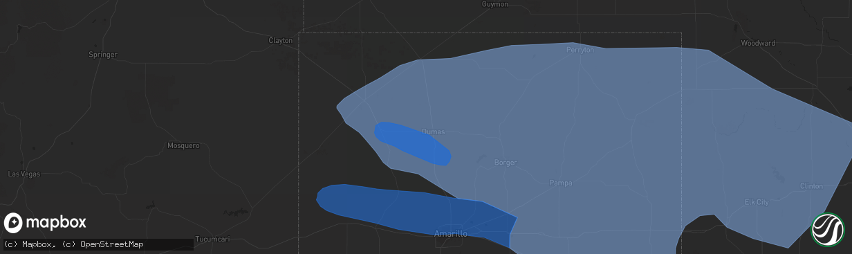 Hail map in Dumas, TX on July 7, 2023