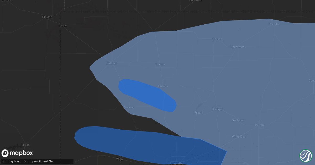 Hail map in Dumas, TX on July 7, 2023