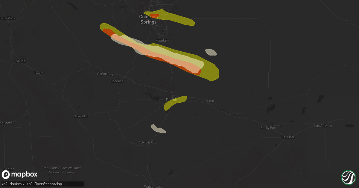 Hail map in Pueblo, CO on July 7, 2023