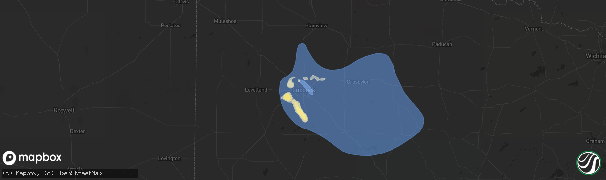 Hail map in Lubbock, TX on July 7, 2024