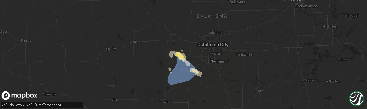 Hail map in Minco, OK on July 7, 2024