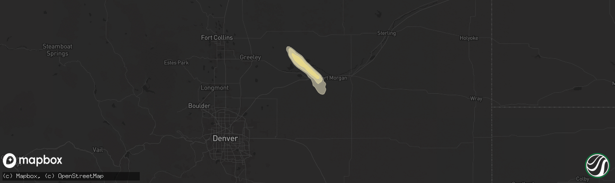 Hail map in Wiggins, CO on July 7, 2024