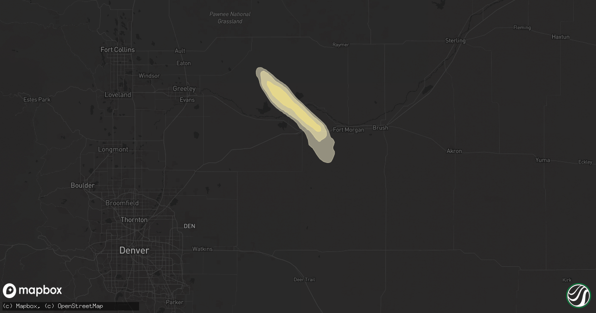 Hail map in Wiggins, CO on July 7, 2024