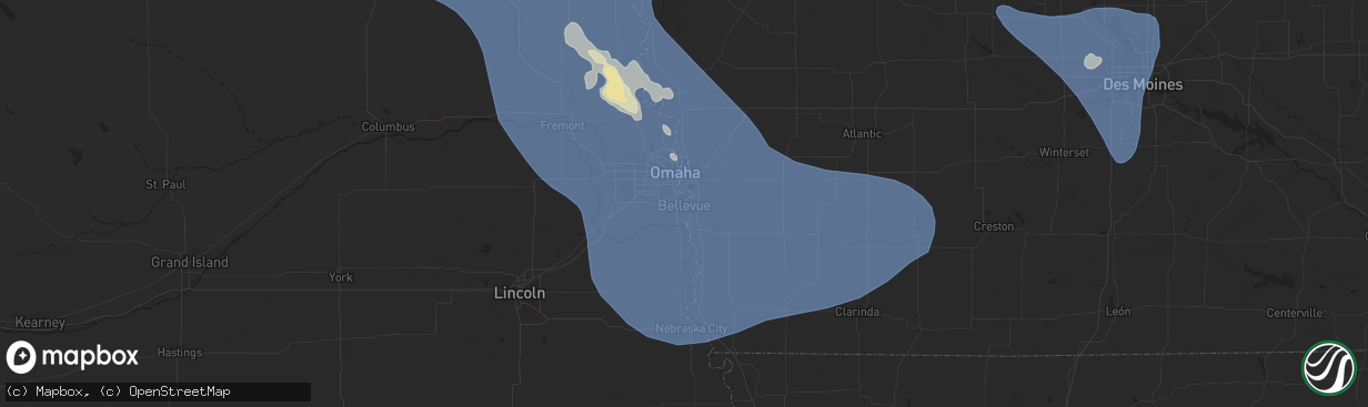 Hail map in Bellevue, NE on July 7, 2025