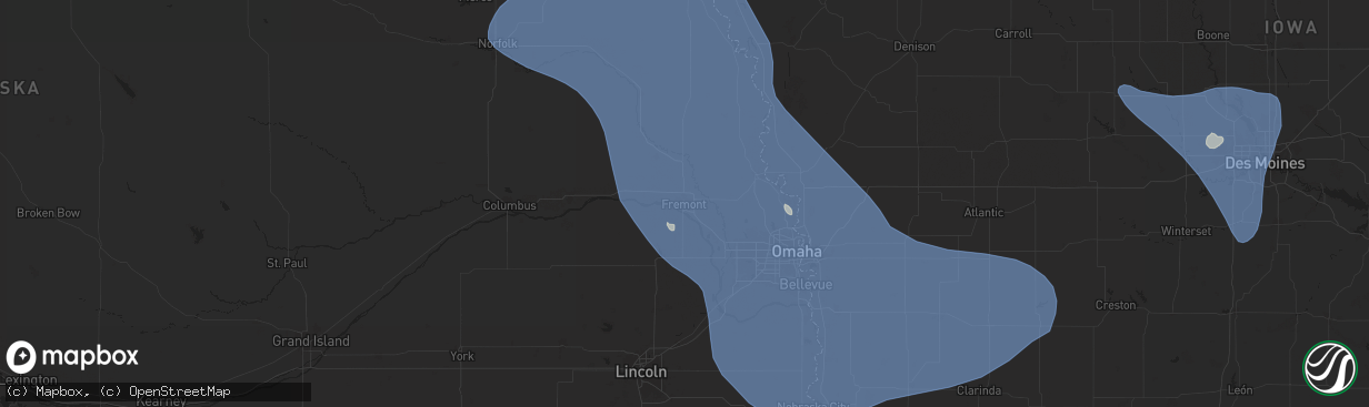 Hail map in Fremont, NE on July 7, 2025