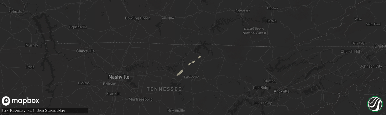 Hail map in Hilham, TN on July 7, 2025