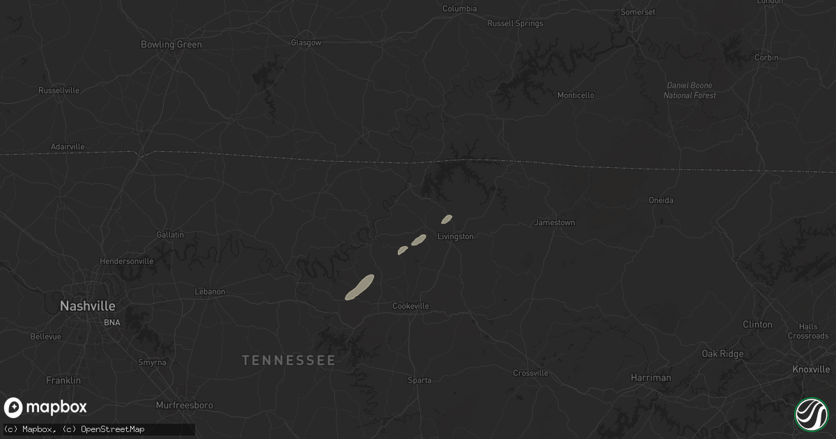 Hail map in Hilham, TN on July 7, 2025