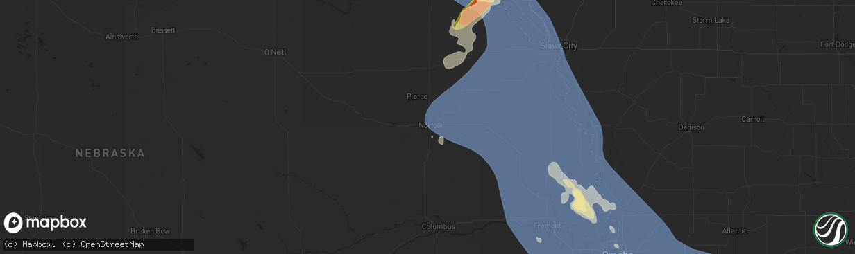 Hail map in Norfolk, NE on July 7, 2025