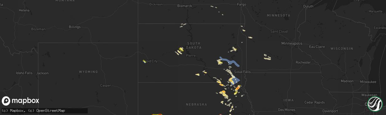Hail map in South Dakota on July 7, 2025