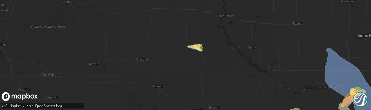 Hail map in Winner, SD on July 7, 2025