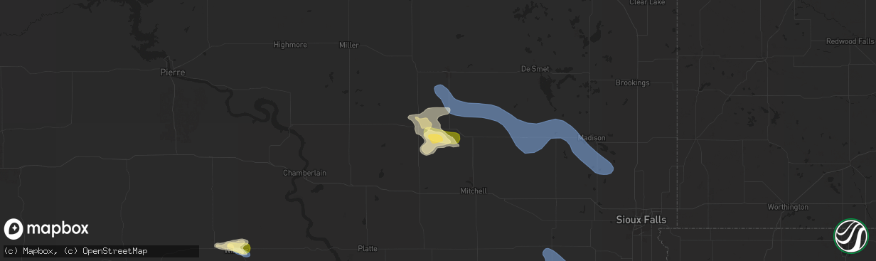 Hail map in Woonsocket, SD on July 7, 2025