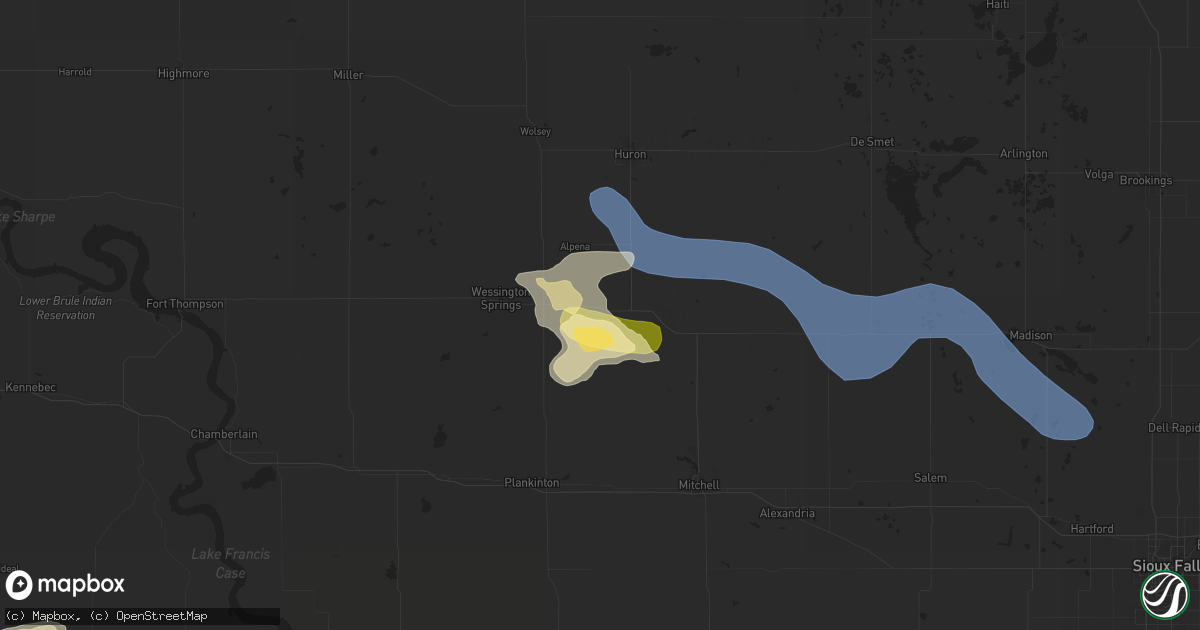 Hail map in Woonsocket, SD on July 7, 2025