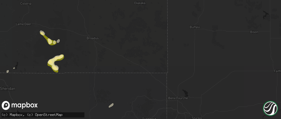 Hail map in Alzada, MT on July 7, 2026