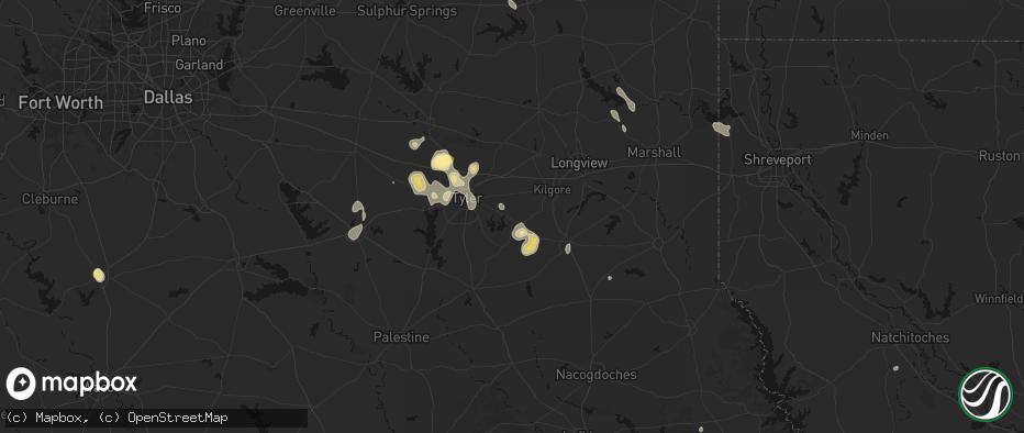 Hail map in Arp, TX on July 7, 2026