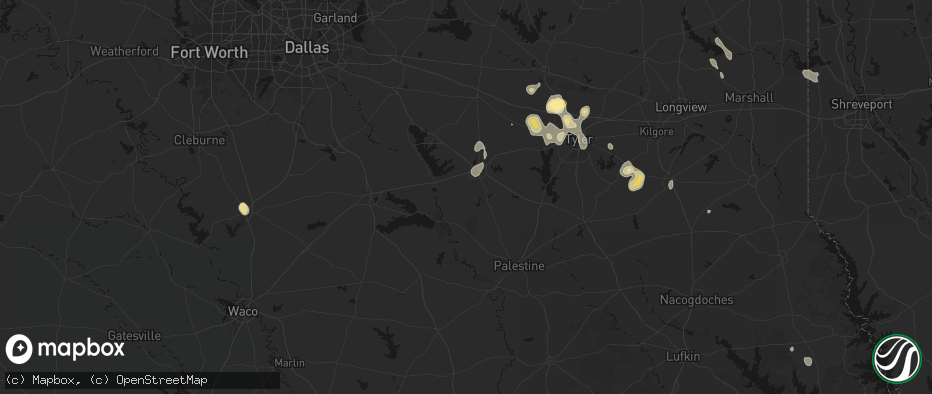 Hail map in Athens, TX on July 7, 2026