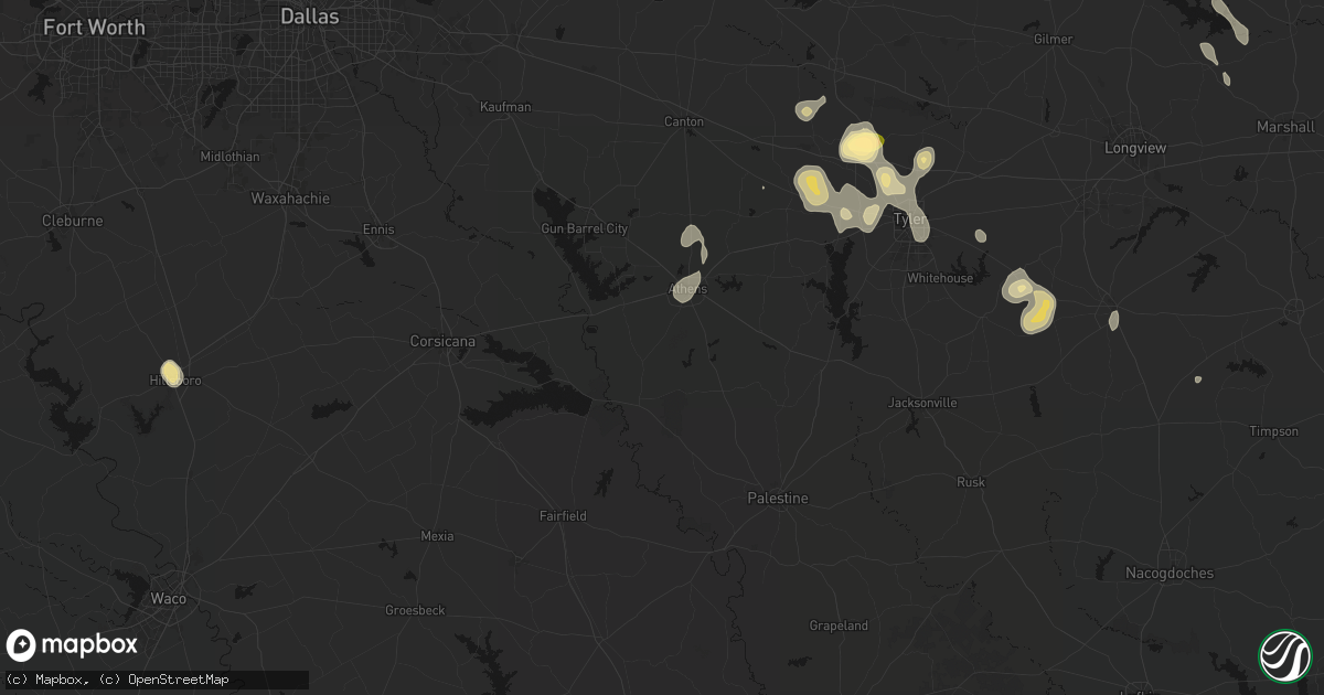 Hail map in Athens, TX on July 7, 2026