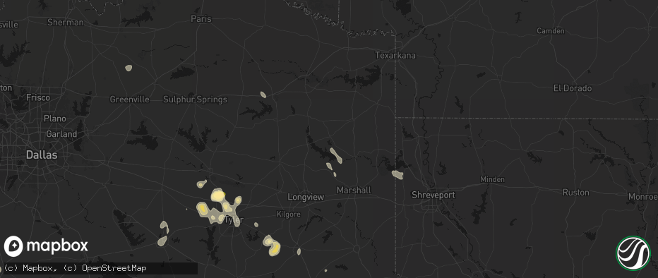 Hail map in Avinger, TX on July 7, 2026