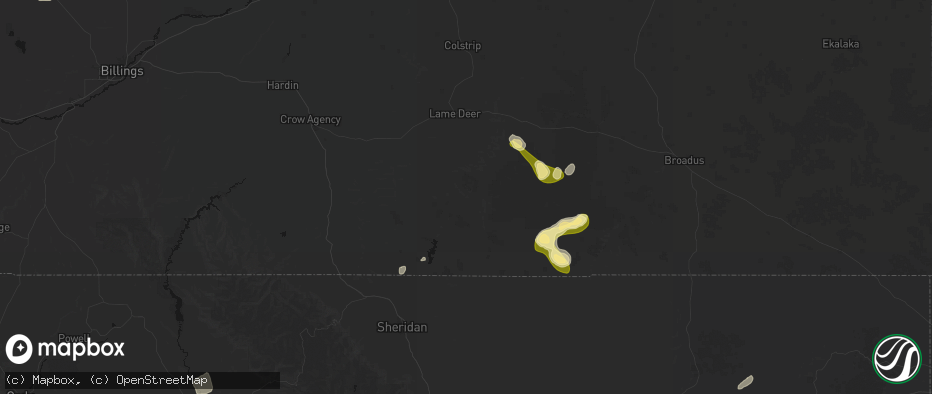 Hail map in Birney, MT on July 7, 2026