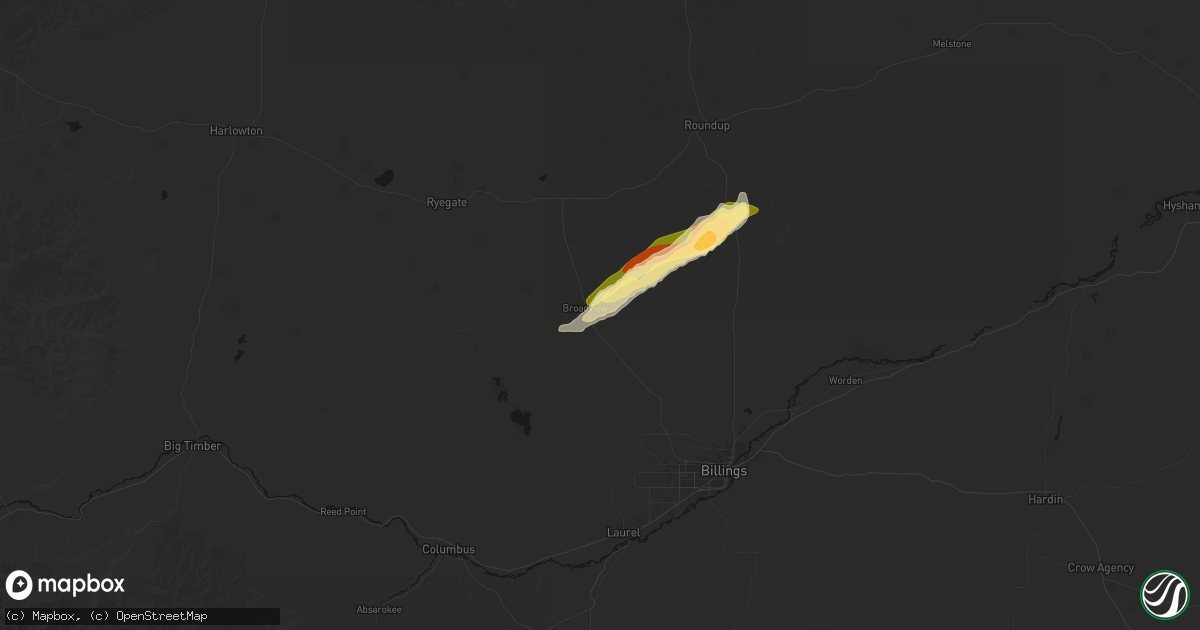 Hail map in Broadview, MT on July 7, 2026