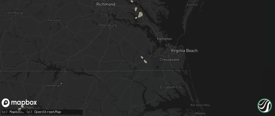 Hail map in Carrsville, VA on July 7, 2026