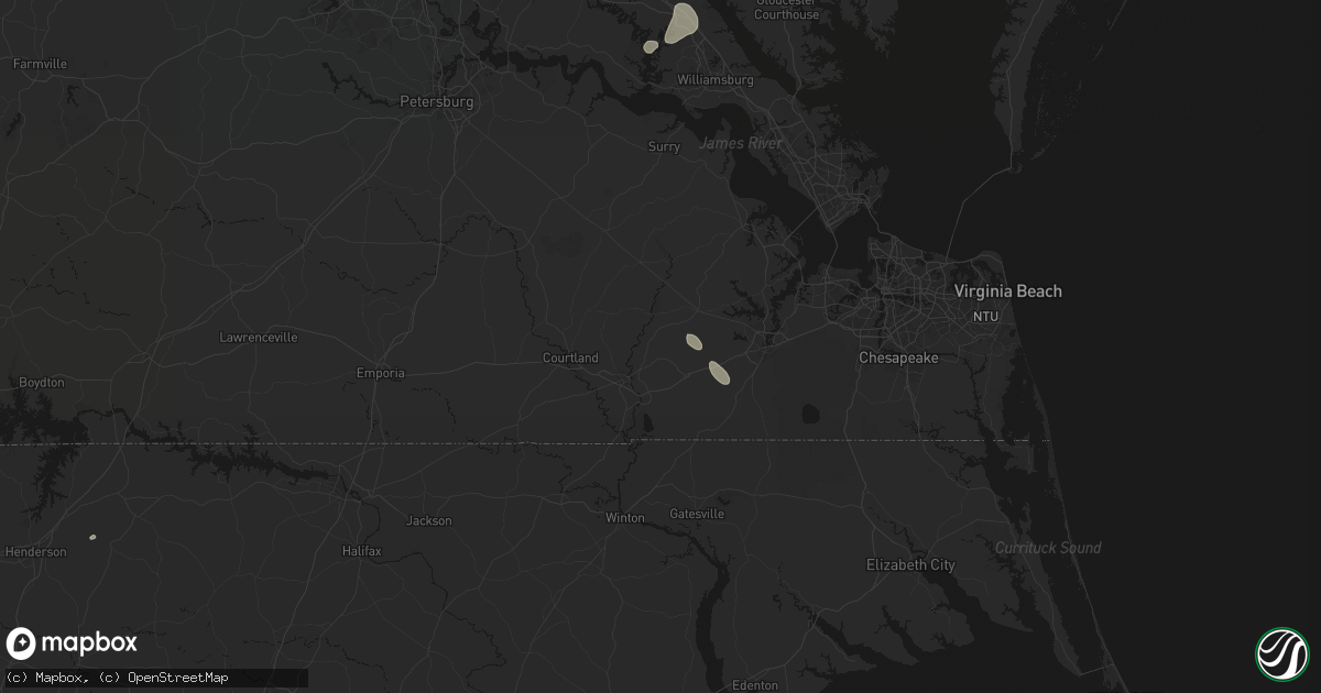 Hail map in Carrsville, VA on July 7, 2026