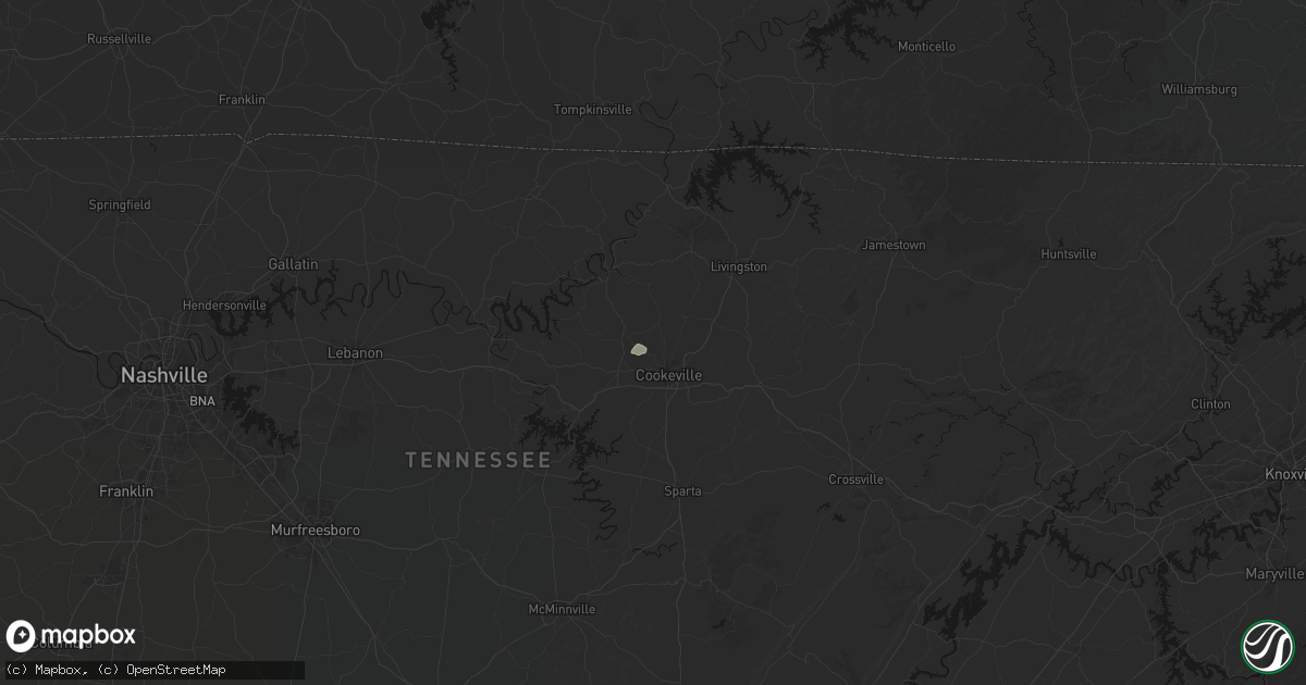 Hail map in Cookeville, TN on July 7, 2026