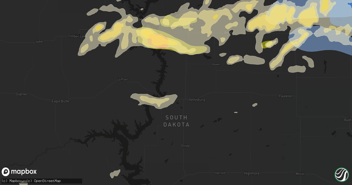 Hail map in Gettysburg, SD on July 7, 2026