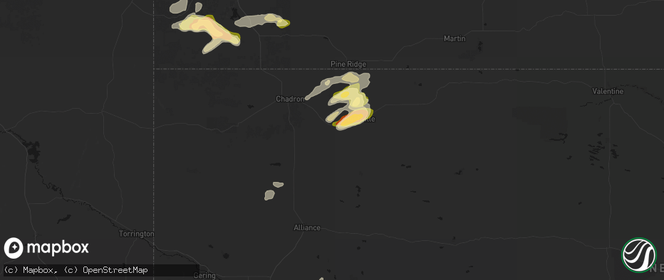 Hail map in Hay Springs, NE on July 7, 2026
