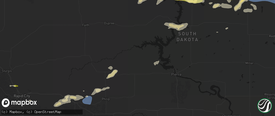 Hail map in Hayes, SD on July 7, 2026