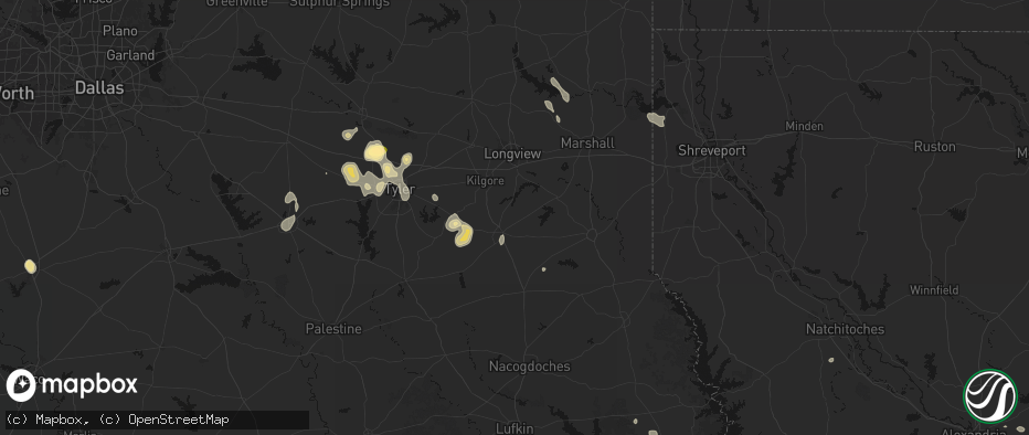 Hail map in Henderson, TX on July 7, 2026